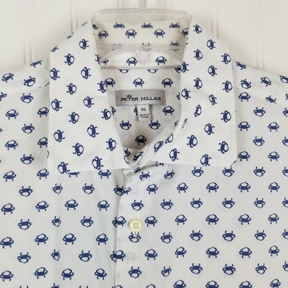 Peter Millar Mens Button Up Short Sleeve Collared Shirt Size XL Blue Crab Print - Picture 2 of 10